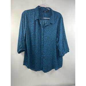 Apt. 9 Blouse Women's Sz XL Blue Polka Dot 3/4 Sleeve Elastic Wrist Hi Low Hem